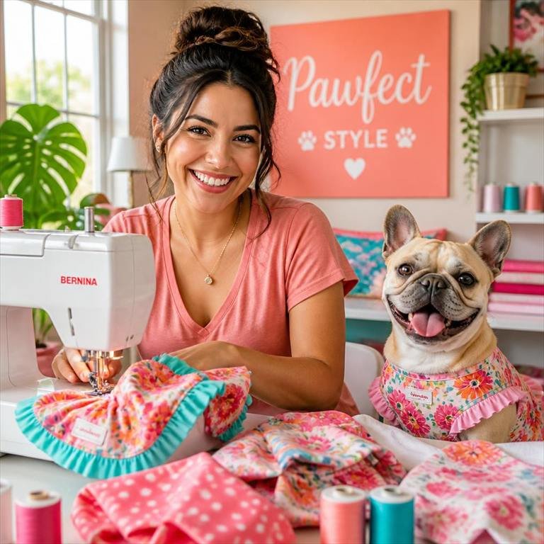 Emprendedora cosiendo ropa para mascotas