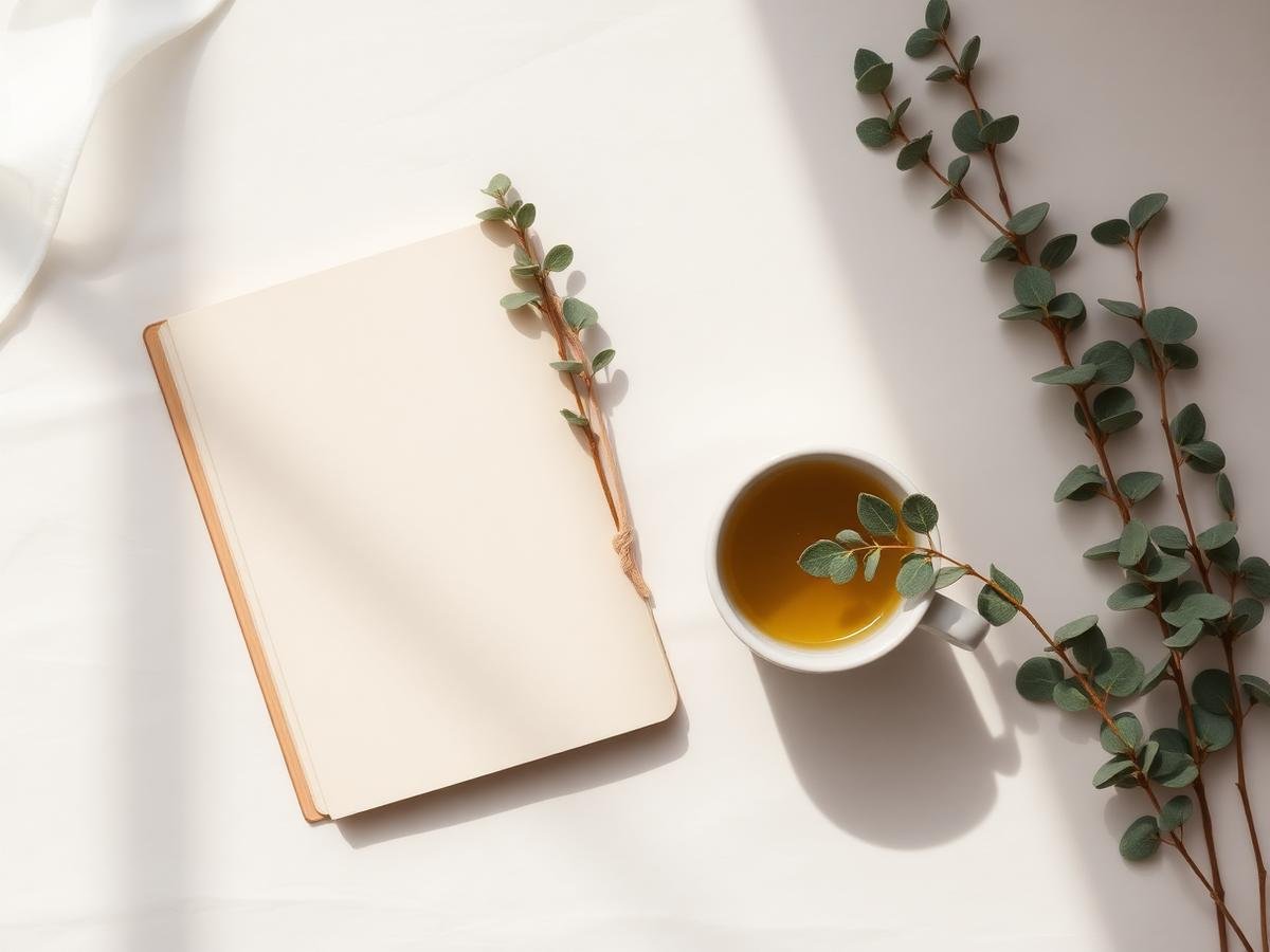 Taza de infusión y cuaderno para una rutina nocturna