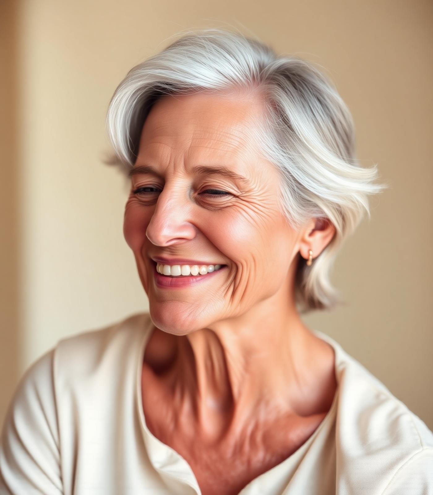 Mujer adulta sonriendo con serenidad